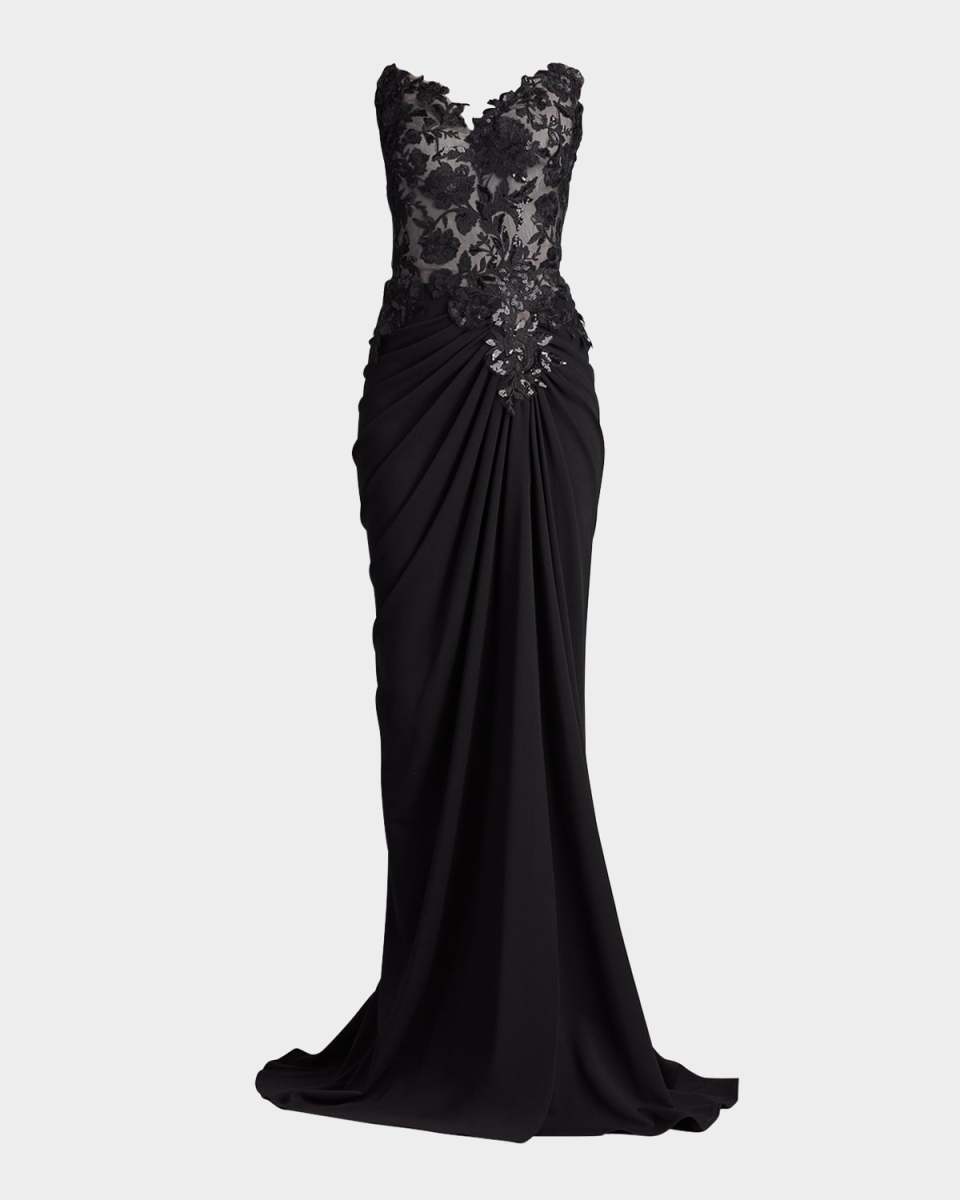 Strapless Pleated Sequin Lace Gown